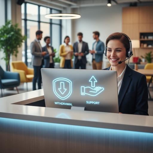 안전카지노 찾는 법 안내 – 2025년 2월 안전한 카지노 플레이 5 헤드셋을 착용한 고객 지원 직원과 서비스 데스크를 보여주는 이미지