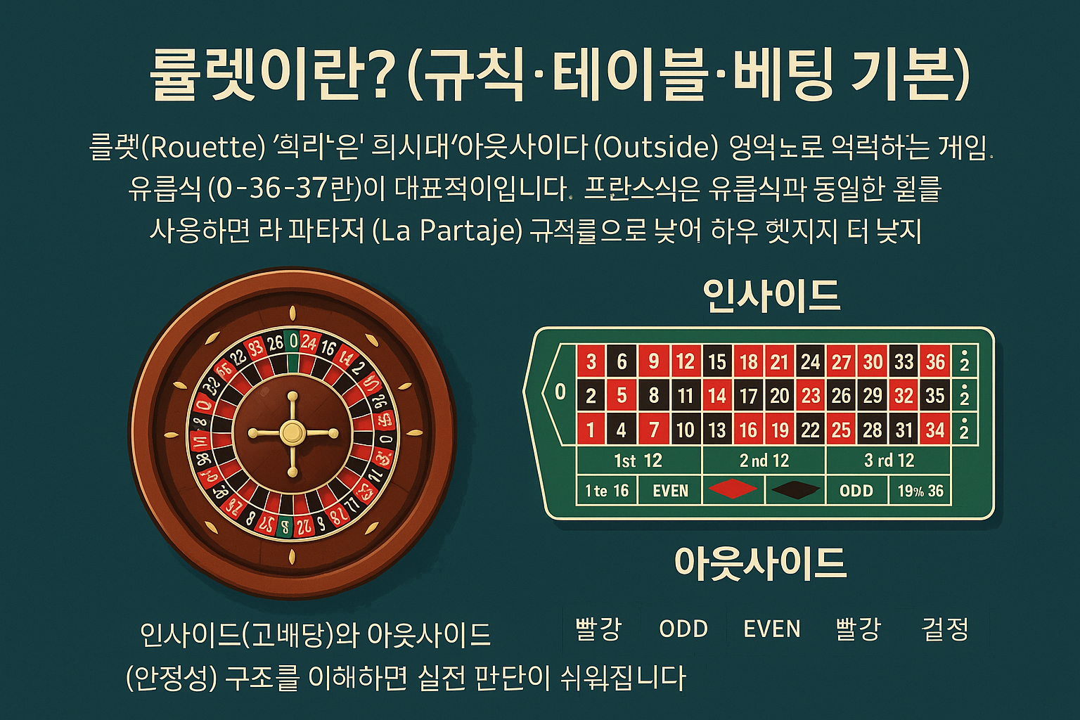 룰렛 규칙과 테이블 구조 인포그래픽 – 인사이드·아웃사이드 베팅 영역, 유럽식·프랑스식 룰렛 휠과 베팅 레이아웃