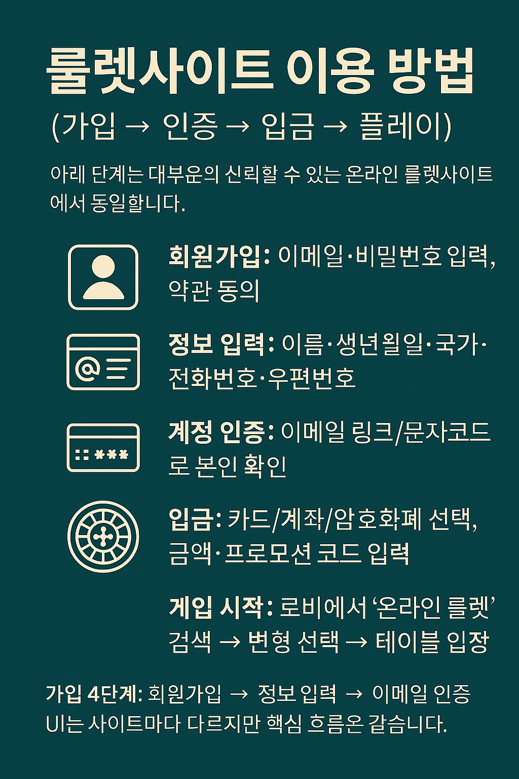 온라인 룰렛사이트 가입부터 플레이까지 4단계 가이드 – 회원가입, 정보 입력, 이메일 인증, 입금 절차를 설명하는 한국어 인포그래픽