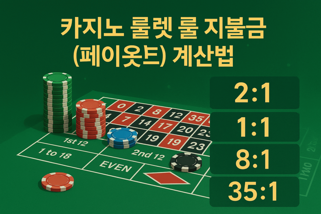 룰렛 규칙·테이블·베팅 기본을 한눈에 정리한 한국어 인포그래픽(인사이드·아웃사이드 영역, 유럽식·미국식 개요)