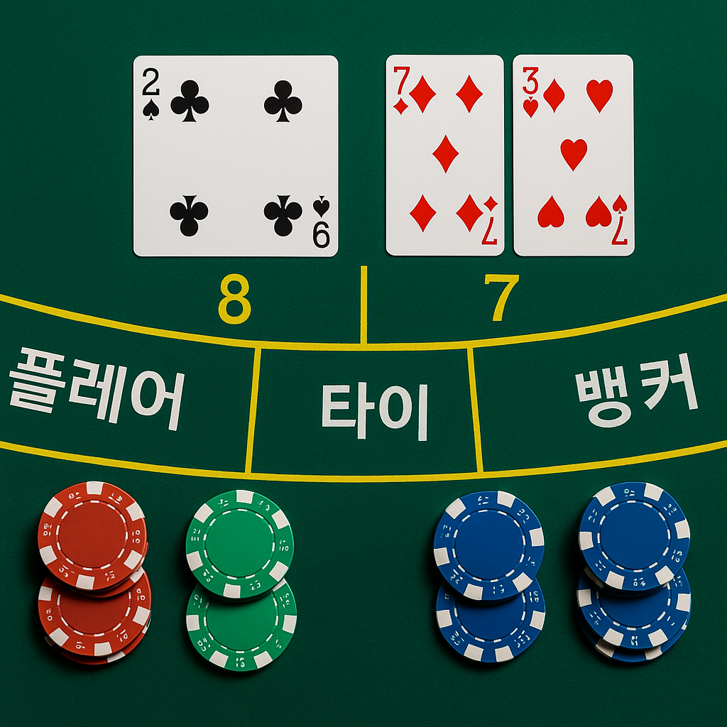 플레이어 2♠+6♣=8, 뱅커 7♦+3♥=7로 표기된 테이블과 ‘플레이어·타이·뱅커’ 구역, 칩이 보이는 오버헤드 장면