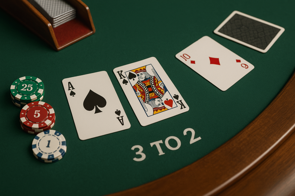 A♠와 K♦로 블랙잭(자연) 완성, 3:2 배당이 표시된 테이블 클로즈업