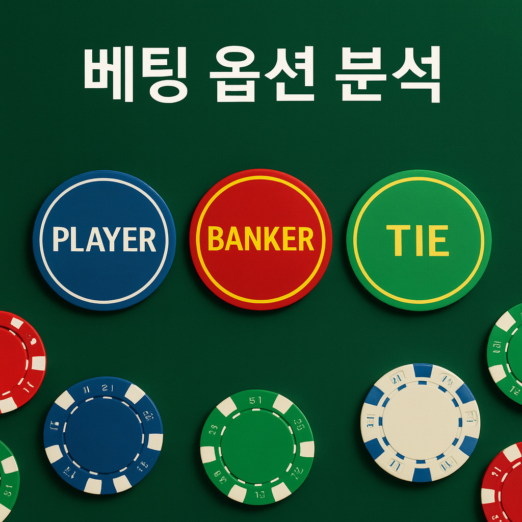 베팅 옵션 분석 — 녹색 테이블 위에 PLAYER·BANKER·TIE 칩과 주변 카지노 칩이 배치된 이미지