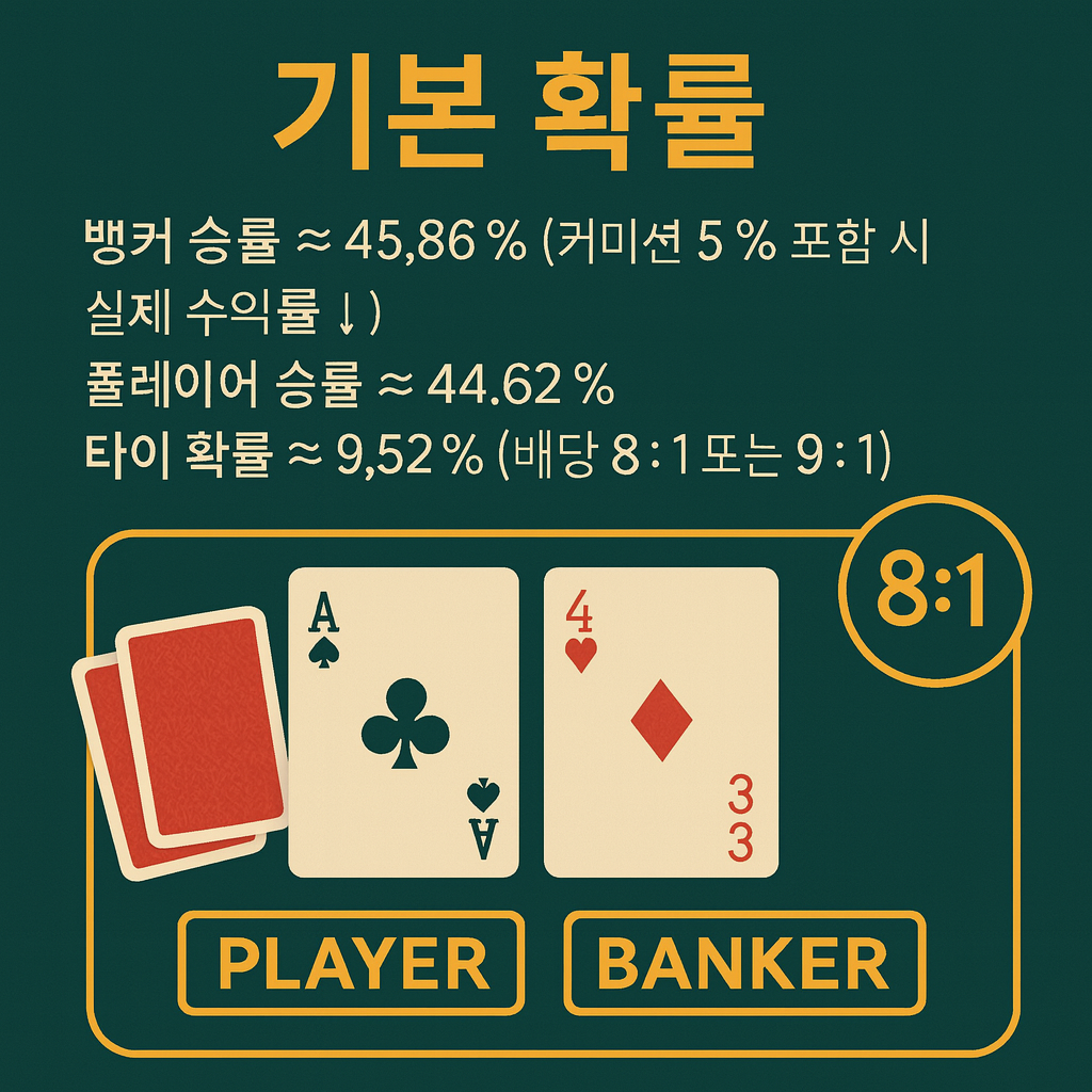 바카라 기본 확률 인포그래픽 — 뱅커 45.86%, 플레이어 44.62%, 타이 9.52%(배당 8:1/9:1), A♣·4♦·3♥ 카드와 PLAYER/BANKER 표기