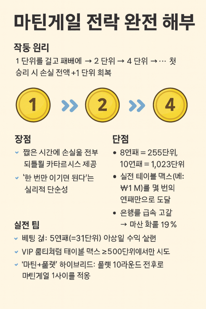 마틴게일 전략 완전 해부 인포그래픽 — 패배 시 배팅 1→2→4로 2배 증가, 첫 승리 시 손실+1단위 회복. 장점: 빠른 손실 회수·단순성. 단점: 8연패 255단위·10연패 1,023단위·테이블 맥스·파산 확률 19%. 팁: 5연패 손절(31단위), VIP 테이블 500+에서 시도, 플랫+마틴 하이브리드.