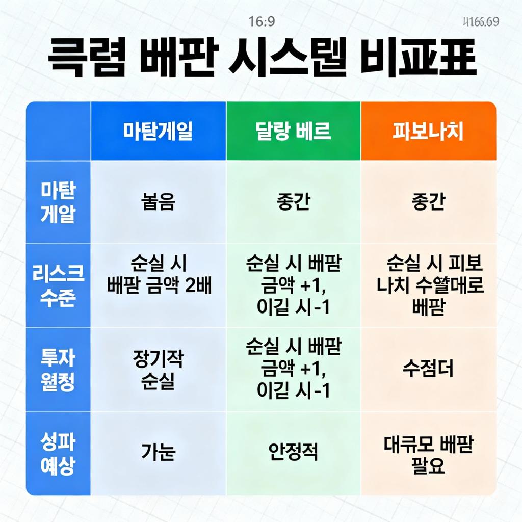 베팅 시스템별 특성 비교표