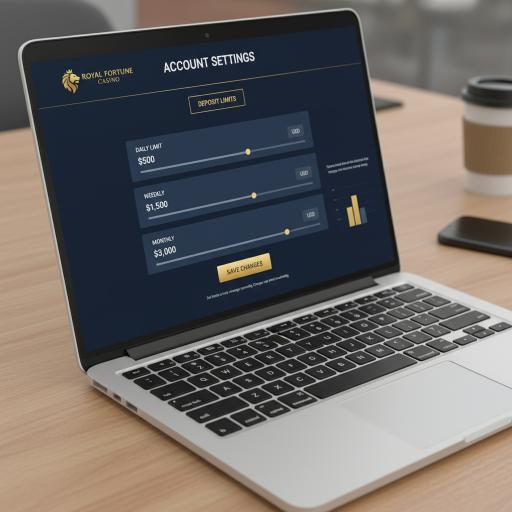 노트북 화면에 카지노 웹사이트의 입금 한도 설정 페이지가 보이는 장면