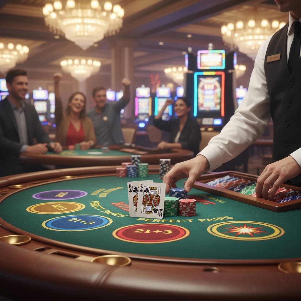 카지노 테이블 위 컬러풀한 사이드 베팅 영역과 카드가 보이는 장면