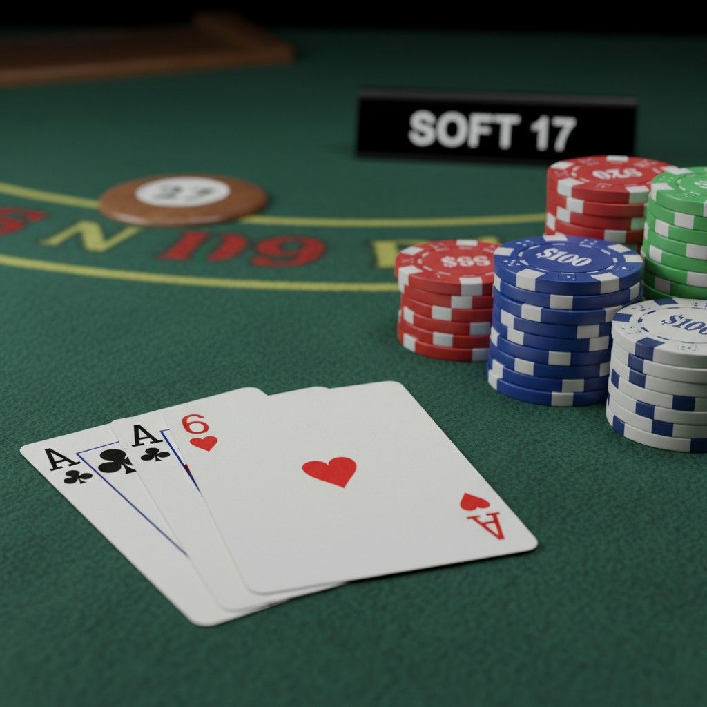 에이스와 6이 보여지는 Soft 17 블랙잭 핸드, 칩이 놓인 모습
