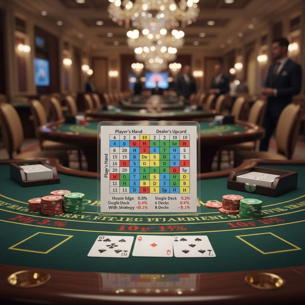카드와 칩 옆에 전략 비교표가 놓여 있는 전문적인 카지노 환경