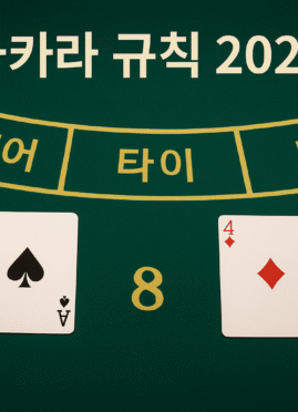 그린 펠트의 바카라 테이블에 ‘플레이어·타이·뱅커’ 구역과 칩 스택, 예시 카드 A♠와 4♦·3♣가 놓여 있고 상단에 ‘바카라 규칙 2025’ 문구가 보이는 장면
