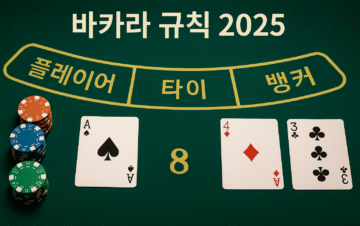 그린 펠트의 바카라 테이블에 ‘플레이어·타이·뱅커’ 구역과 칩 스택, 예시 카드 A♠와 4♦·3♣가 놓여 있고 상단에 ‘바카라 규칙 2025’ 문구가 보이는 장면