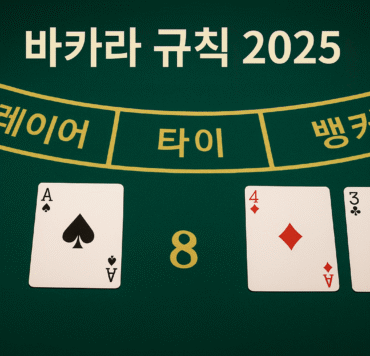 그린 펠트의 바카라 테이블에 ‘플레이어·타이·뱅커’ 구역과 칩 스택, 예시 카드 A♠와 4♦·3♣가 놓여 있고 상단에 ‘바카라 규칙 2025’ 문구가 보이는 장면