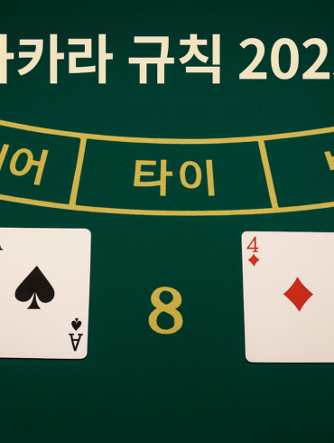 그린 펠트의 바카라 테이블에 ‘플레이어·타이·뱅커’ 구역과 칩 스택, 예시 카드 A♠와 4♦·3♣가 놓여 있고 상단에 ‘바카라 규칙 2025’ 문구가 보이는 장면