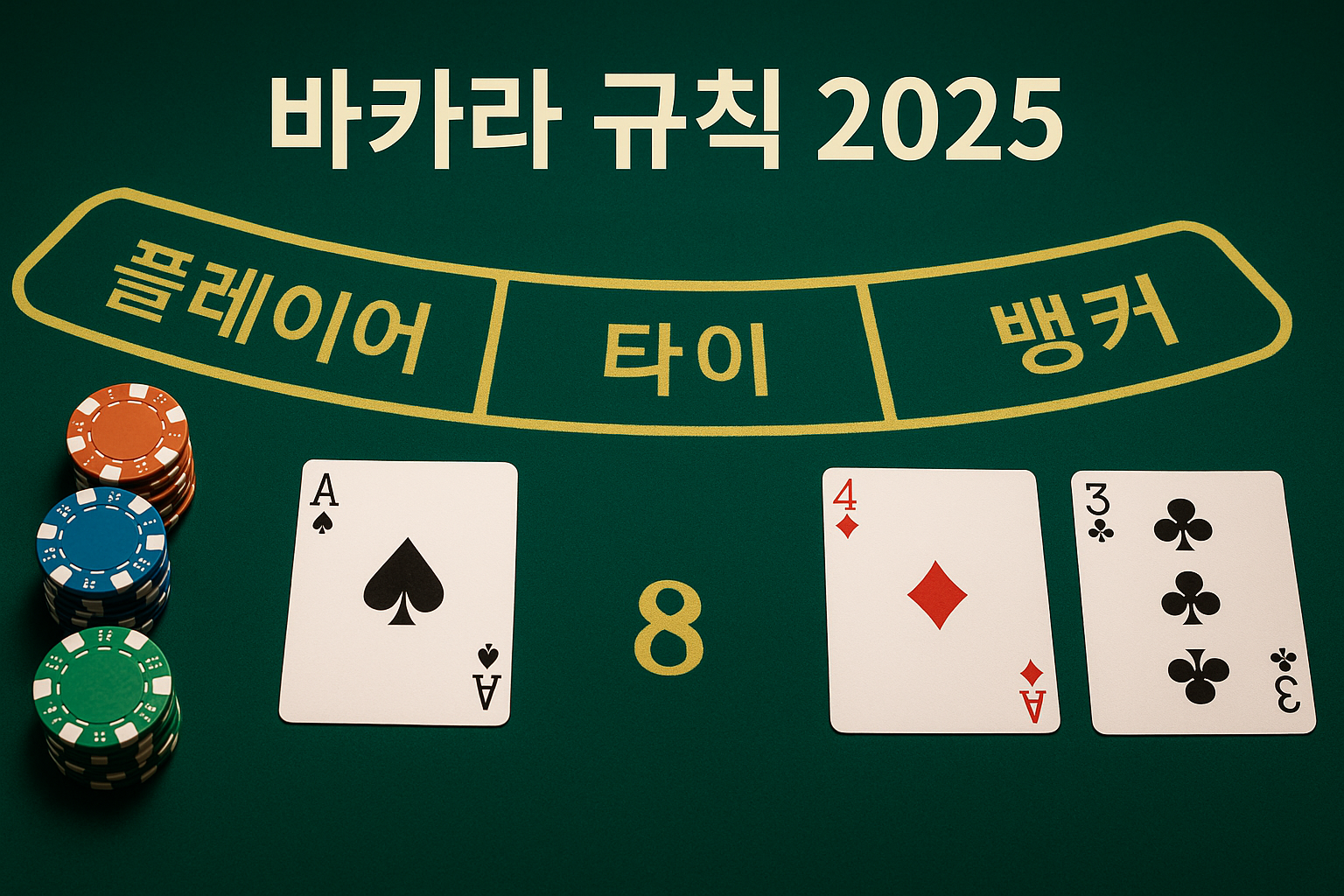 그린 펠트의 바카라 테이블에 ‘플레이어·타이·뱅커’ 구역과 칩 스택, 예시 카드 A♠와 4♦·3♣가 놓여 있고 상단에 ‘바카라 규칙 2025’ 문구가 보이는 장면