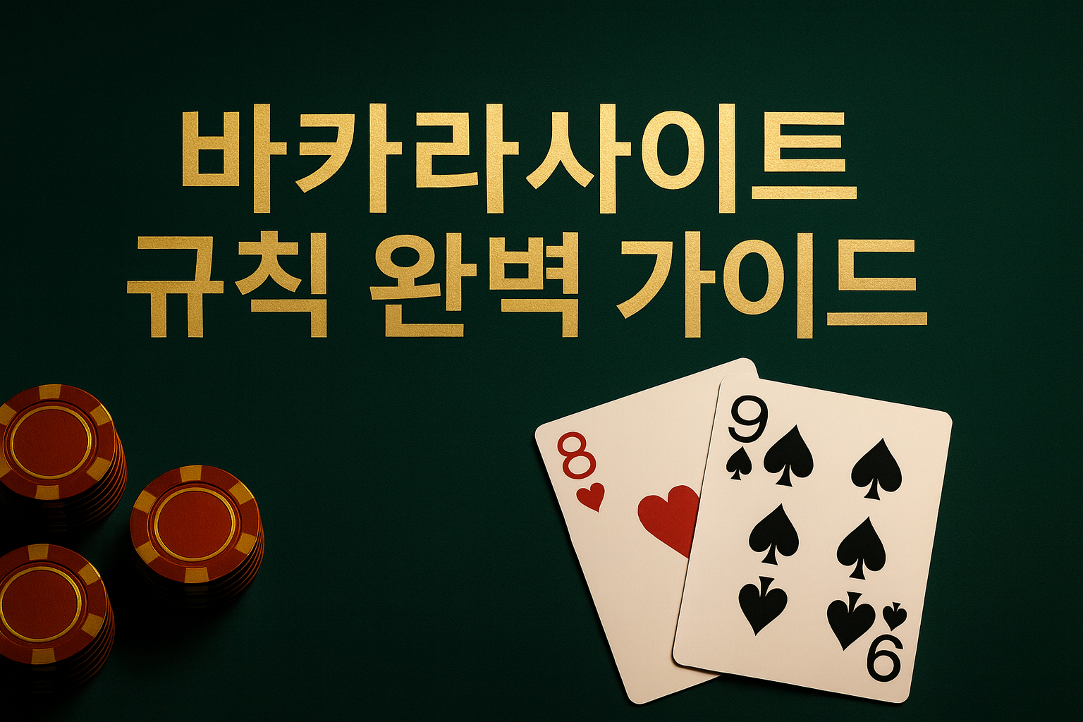 녹색 테이블 위에 ‘기본 바카라 규칙’ 문구와 다이아 5·클로버 10 카드, 오른쪽에 카지노 칩이 놓인 이미지