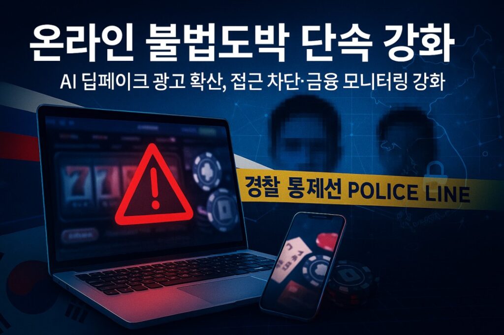 온라인 불법도박 단속과 딥페이크 광고 확산을 다룬 한국 뉴스 특집 이미지로, 경고 아이콘과 스마트폰, 한국 지도 실루엣을 통해 위험과 단속 강화를 표현