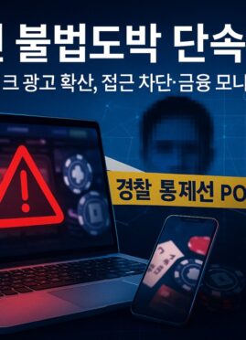 온라인 불법도박 단속과 딥페이크 광고 확산을 다룬 한국 뉴스 특집 이미지로, 경고 아이콘과 스마트폰, 한국 지도 실루엣을 통해 위험과 단속 강화를 표현