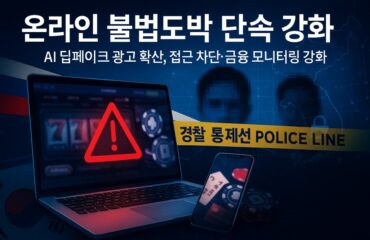 온라인 불법도박 단속과 딥페이크 광고 확산을 다룬 한국 뉴스 특집 이미지로, 경고 아이콘과 스마트폰, 한국 지도 실루엣을 통해 위험과 단속 강화를 표현