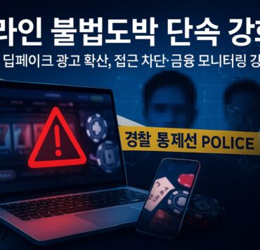 온라인 불법도박 단속과 딥페이크 광고 확산을 다룬 한국 뉴스 특집 이미지로, 경고 아이콘과 스마트폰, 한국 지도 실루엣을 통해 위험과 단속 강화를 표현