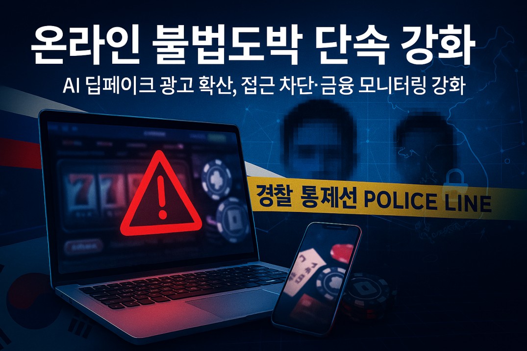 온라인 불법도박 단속과 딥페이크 광고 확산을 다룬 한국 뉴스 특집 이미지로, 경고 아이콘과 스마트폰, 한국 지도 실루엣을 통해 위험과 단속 강화를 표현