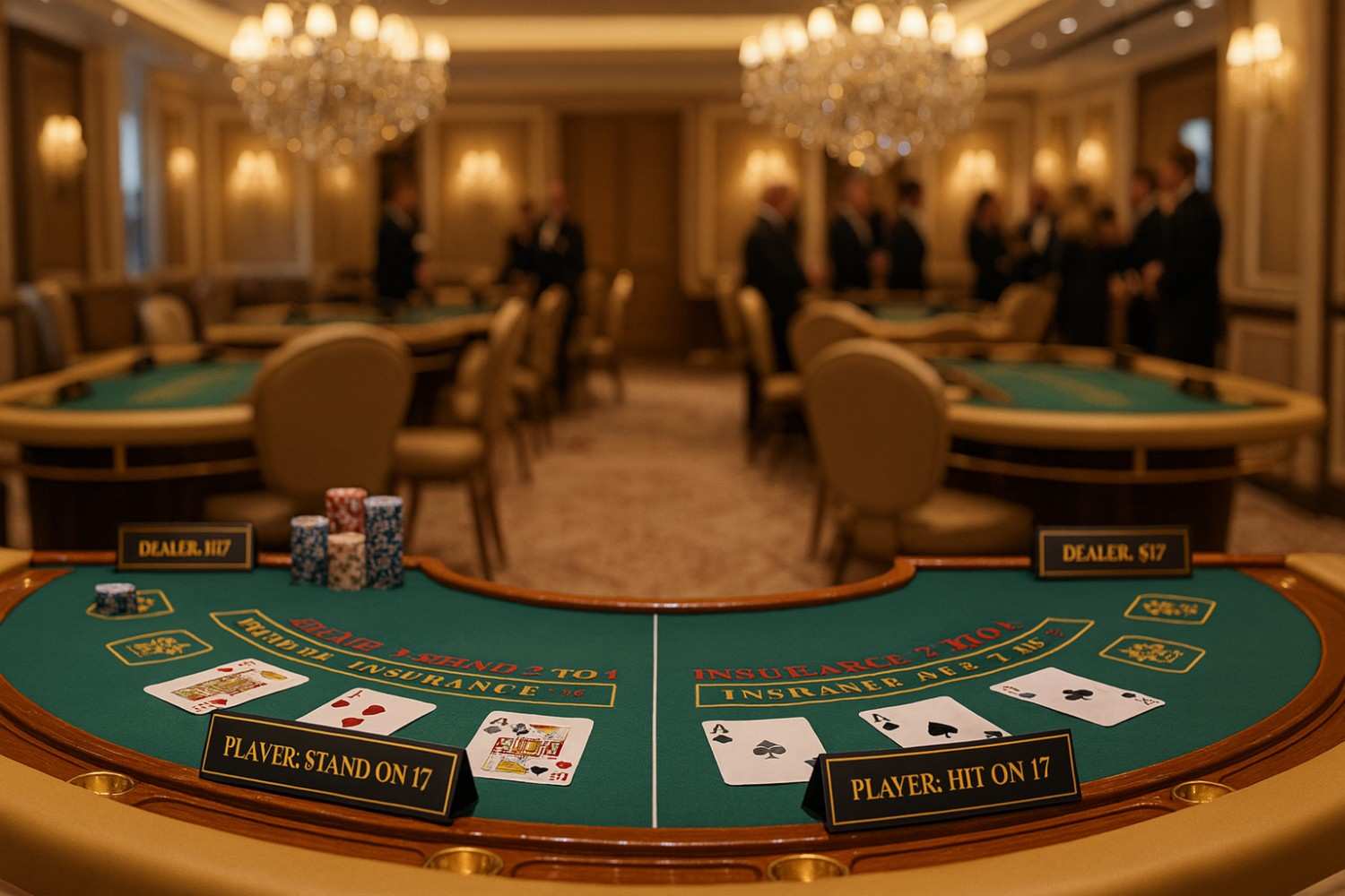 H17 vs S17부터 사이드 베팅까지: 블랙잭 변형 비교 총정리 7 카지노 테이블 위 카드와 칩이 놓여 있고 H17과 S17 규칙이 비교 표시된 모습